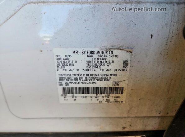 2LMPJ6LR7GBL37203 2016 LINCOLN MKX White Vista de la etiqueta del VIN