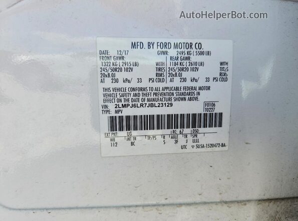 2LMPJ6LR7JBL23129 2018 LINCOLN MKX Белый Вид наклейки с VIN-кодом