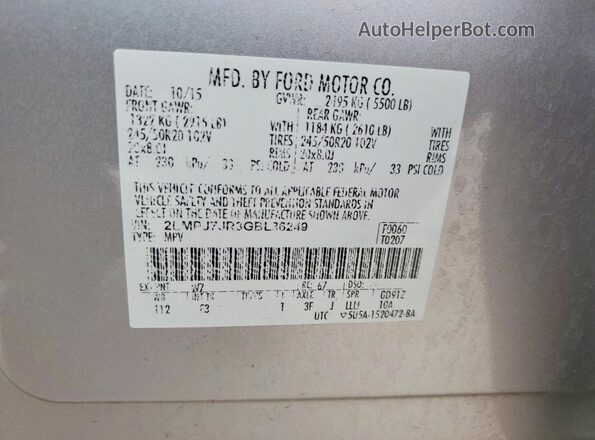 2LMPJ7JR3GBL36249 2016 LINCOLN MKX Silver VIN sticker view