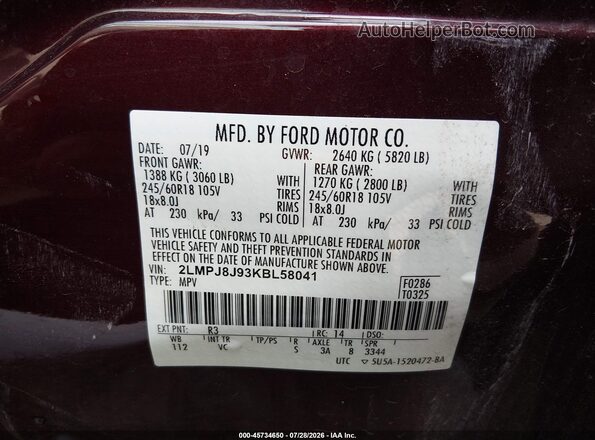 2LMPJ8J93KBL58041 2019 LINCOLN NAUTILUS Burgundy Շարժիչի բաժամունքի տեսք