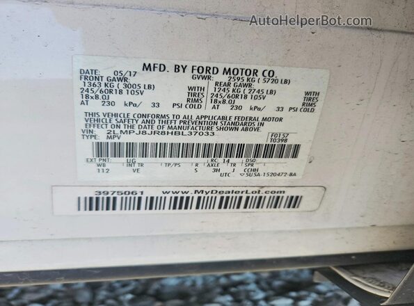 2LMPJ8JR8HBL37033 2017 LINCOLN MKX White Vista de la etiqueta del VIN