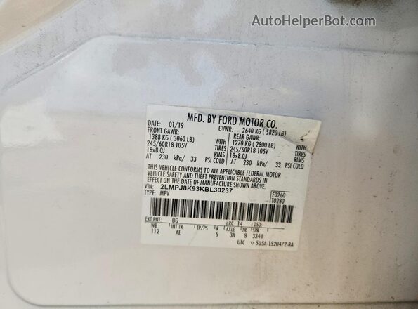2LMPJ8K93KBL30237 2019 LINCOLN NAUTILUS White VIN კოდის სტიკერის ხედი