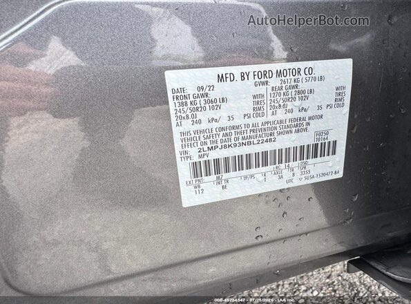 2LMPJ8K93NBL22482 2022 LINCOLN NAUTILUS Gray Vista del compartimento del motor