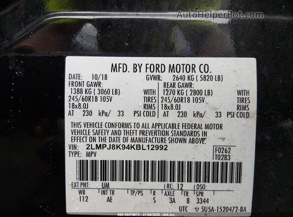 2LMPJ8K94KBL12992 2019 LINCOLN NAUTILUS Black Engine compartment view