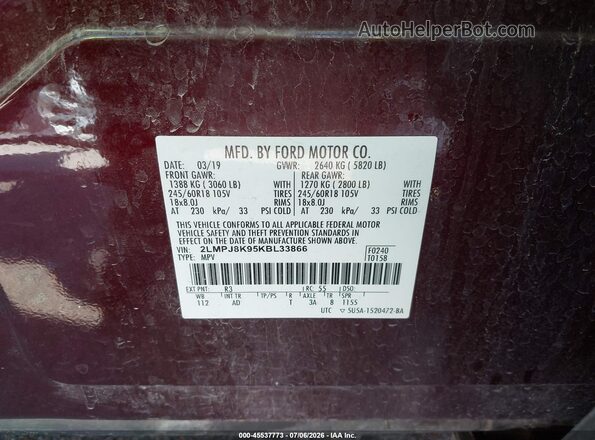 2LMPJ8K95KBL33866 2019 LINCOLN NAUTILUS Maroon Вид підкапотного простору