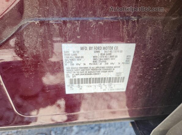 2LMPJ8K95NBL08051 2022 LINCOLN NAUTILUS Burgundy VIN კოდის სტიკერის ხედი