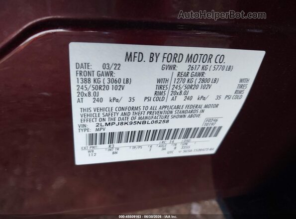 2LMPJ8K95NBL08258 2022 LINCOLN NAUTILUS Burgundy ძრავის განყოფილების ხედი