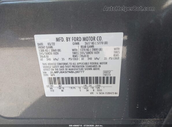 2LMPJ8K97NBL08777 2022 LINCOLN NAUTILUS Gray Շարժիչի բաժամունքի տեսք