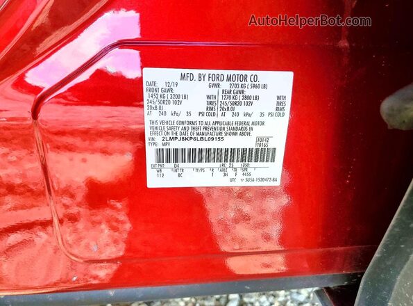 2LMPJ8KP6LBL09155 2020 LINCOLN NAUTILUS Red VIN կոդի պիտակի տեսք