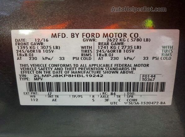 2LMPJ8KP8HBL19242 2017 LINCOLN MKX Gray VIN sticker view