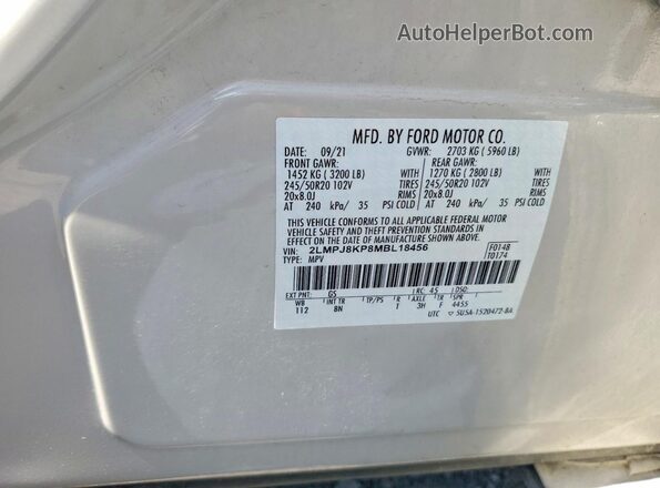 2LMPJ8KP8MBL18456 2021 LINCOLN NAUTILUS White VIN კოდის სტიკერის ხედი