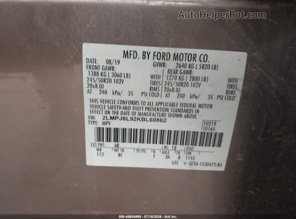 2LMPJ8L92KBL60862 2019 LINCOLN NAUTILUS Gray Engine compartment view