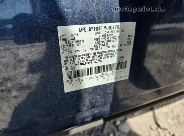 2LMPJ8L96KBL62033 2019 LINCOLN NAUTILUS Blue Вид наклейки з VIN-кодом