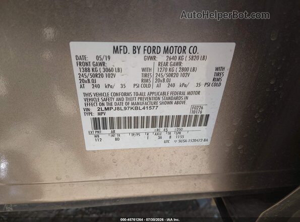 2LMPJ8L97KBL41577 2019 LINCOLN NAUTILUS Champagne Вид подкапотного пространства