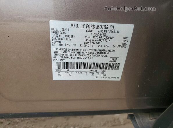 2LMPJ8LP1KBL61161 2019 LINCOLN NAUTILUS Gray VIN sticker view