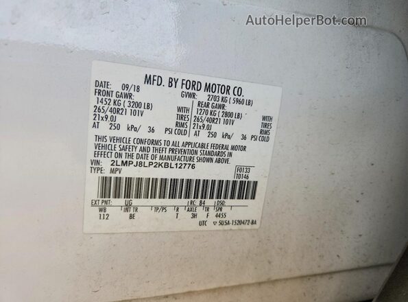 2LMPJ8LP2KBL12776 2019 LINCOLN NAUTILUS White Engine compartment view