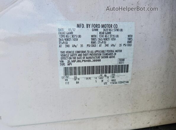 2LMPJ8LP6HBL38998 2017 LINCOLN MKX White VIN კოდის სტიკერის ხედი