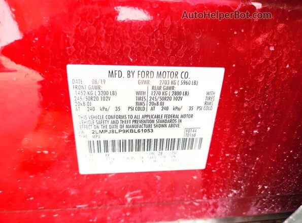 2LMPJ8LP9KBL61053 2019 LINCOLN NAUTILUS Red VIN კოდის სტიკერის ხედი