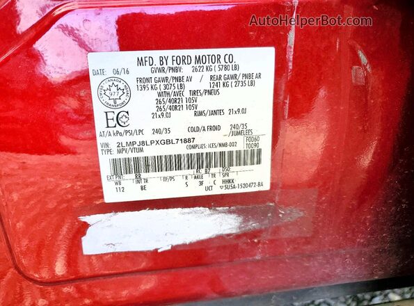 2LMPJ8LPXGBL71887 2016 LINCOLN MKX Red Vista de la etiqueta del VIN