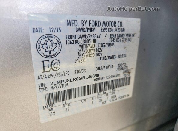 2LMPJ8LR0GBL46868 2016 LINCOLN MKX Silver Панорамний вид салону 360°