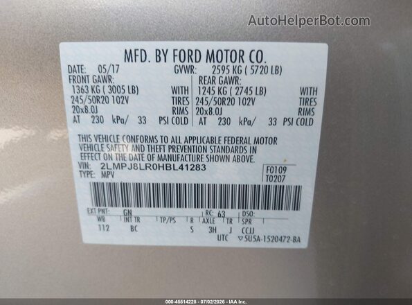 2LMPJ8LR0HBL41283 2017 LINCOLN MKX Champagne Engine compartment view