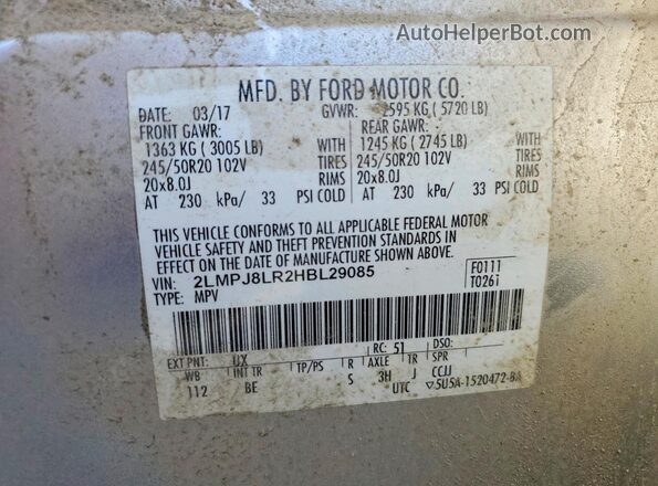 2LMPJ8LR2HBL29085 2017 LINCOLN MKX Silver VIN sticker view