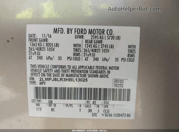 2LMPJ8LR3HBL13025 2017 LINCOLN MKX Champagne Вид підкапотного простору