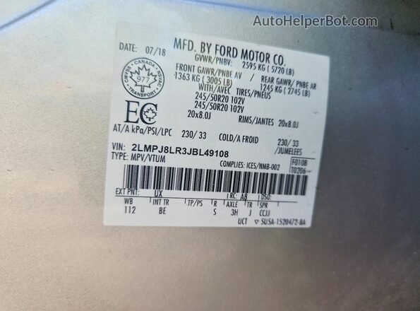 2LMPJ8LR3JBL49108 2018 LINCOLN MKX Серебряный Вид наклейки с VIN-кодом