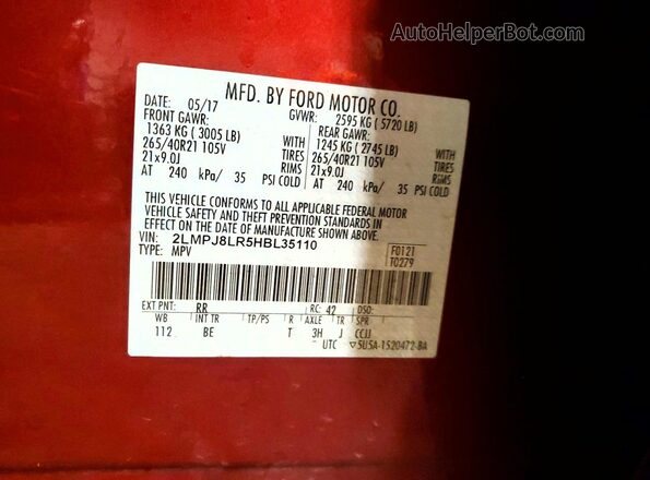 2LMPJ8LR5HBL35110 2017 LINCOLN MKX Red VIN კოდის სტიკერის ხედი
