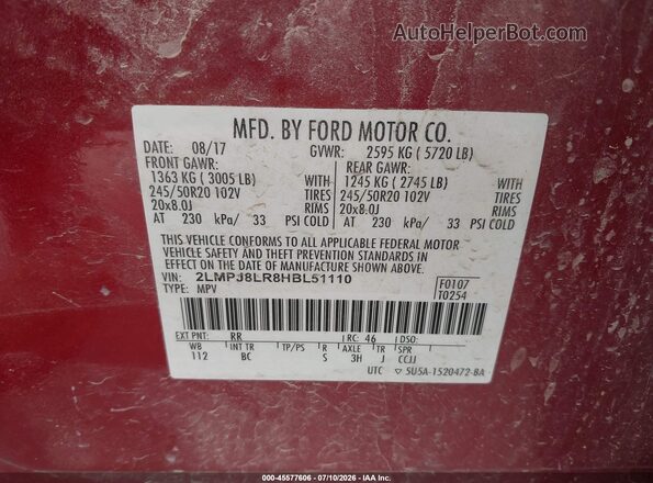 2LMPJ8LR8HBL51110 2017 LINCOLN MKX Red Շարժիչի բաժամունքի տեսք