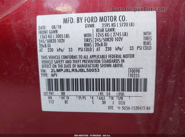 2LMPJ8LR9JBL50053 2018 LINCOLN MKX Red Вид підкапотного простору