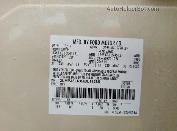 2LMPJ8LRXJBL13285 2018 LINCOLN MKX Cream VIN sticker view