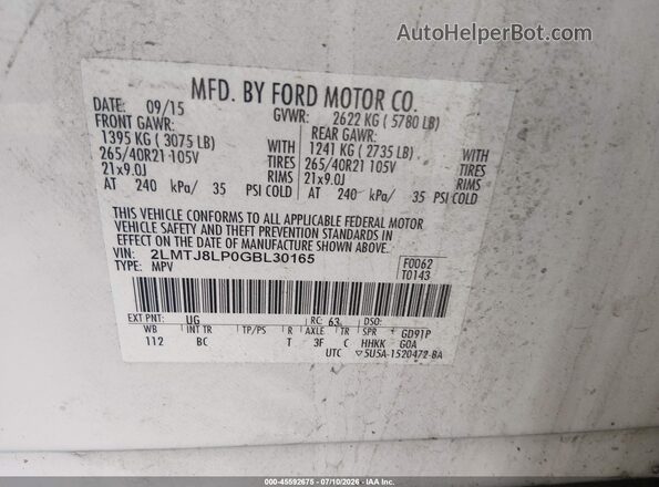 2LMTJ8LP0GBL30165 2016 LINCOLN MKX White ძრავის განყოფილების ხედი