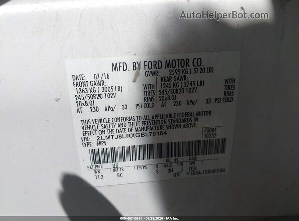 2LMTJ8LRXGBL79164 2016 LINCOLN MKX White ძრავის განყოფილების ხედი