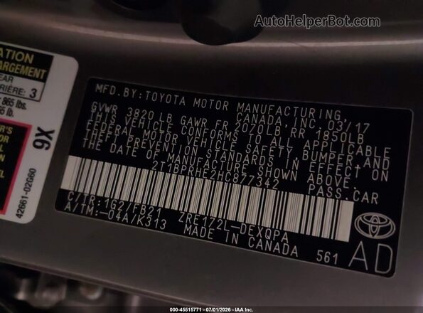 2T1BPRHE2HC877342 2017 TOYOTA COROLLA Gray Engine compartment view
