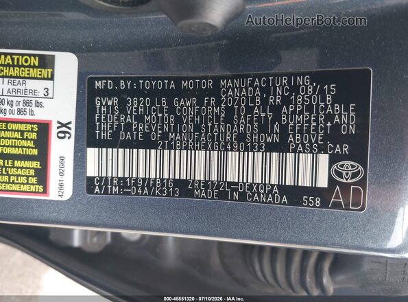 2T1BPRHEXGC490133 2016 TOYOTA COROLLA Синий Вид подкапотного пространства