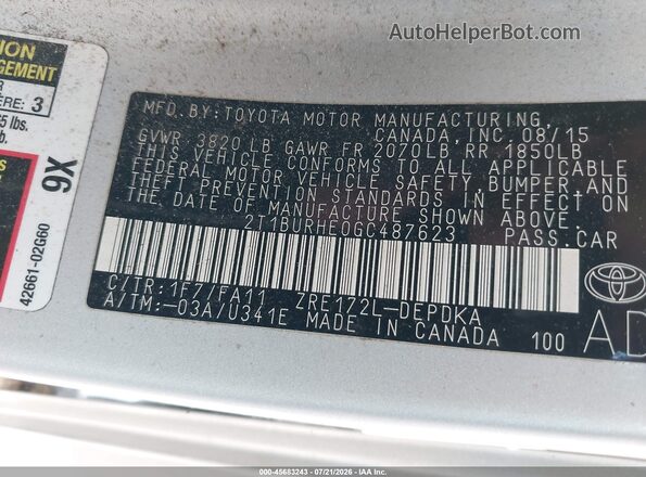 2T1BURHE0GC487623 2016 TOYOTA COROLLA Silver Вид підкапотного простору