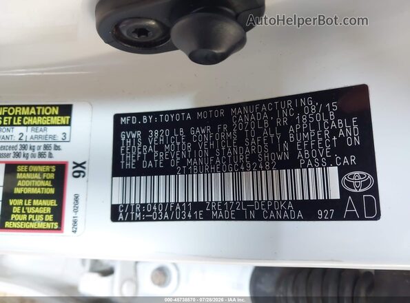 2T1BURHE0GC492482 2016 TOYOTA COROLLA White Vista del compartimento del motor