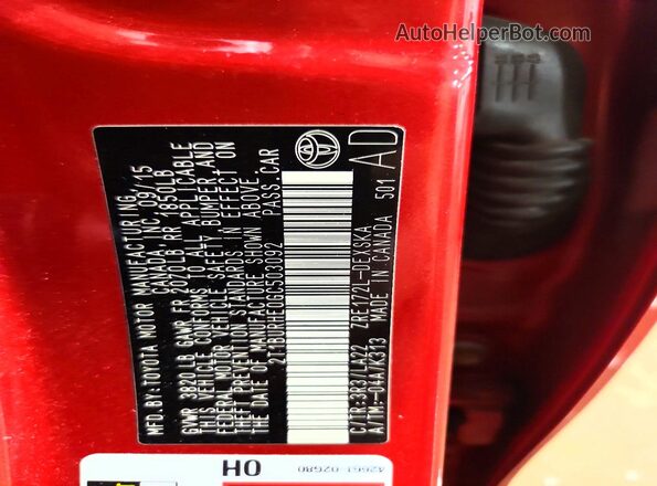 2T1BURHE0GC503092 2016 TOYOTA COROLLA Red VIN sticker view