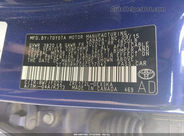 2T1BURHE0GC517042 2016 TOYOTA COROLLA Blue Widok komory silnika