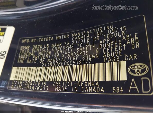 2T1BURHE0GC519177 2016 TOYOTA COROLLA Black Widok komory silnika