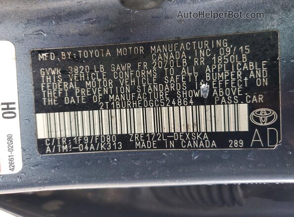 2T1BURHE0GC524864 2016 TOYOTA COROLLA Blue VIN sticker view