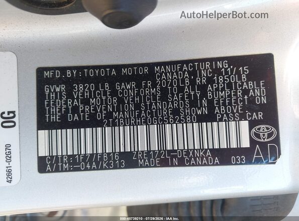 2T1BURHE0GC562580 2016 TOYOTA COROLLA Silver Вид підкапотного простору