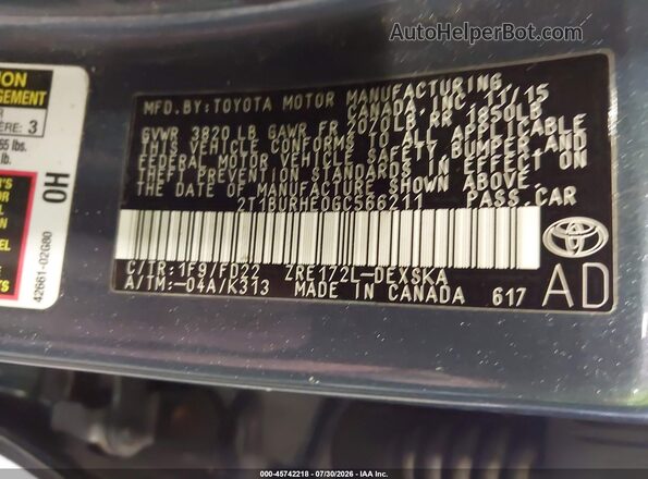 2T1BURHE0GC566211 2016 TOYOTA COROLLA Gray ძრავის განყოფილების ხედი