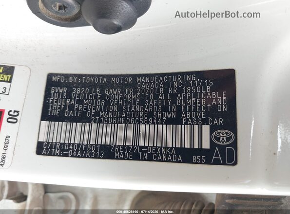 2T1BURHE0GC569447 2016 TOYOTA COROLLA Белый Вид подкапотного пространства