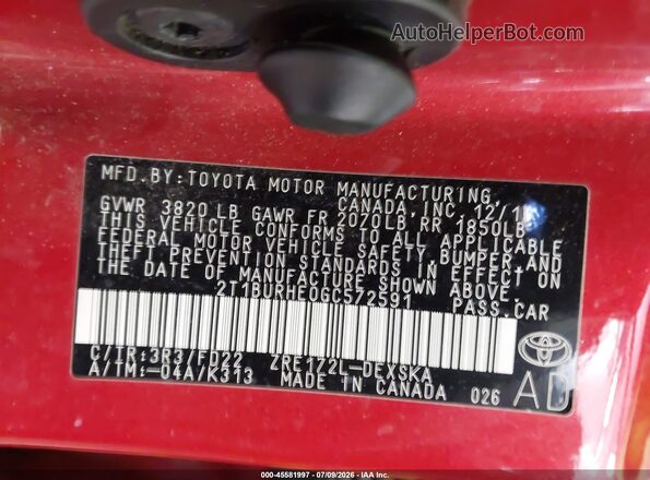 2T1BURHE0GC572591 2016 TOYOTA COROLLA Red Շարժիչի բաժամունքի տեսք