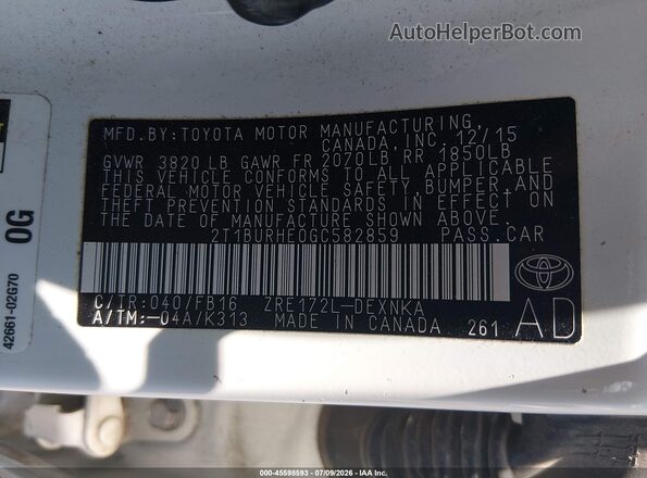 2T1BURHE0GC582859 2016 TOYOTA COROLLA White Շարժիչի բաժամունքի տեսք