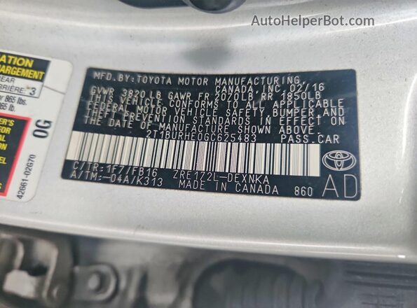 2T1BURHE0GC625483 2016 TOYOTA COROLLA Silver VIN կոդի պիտակի տեսք