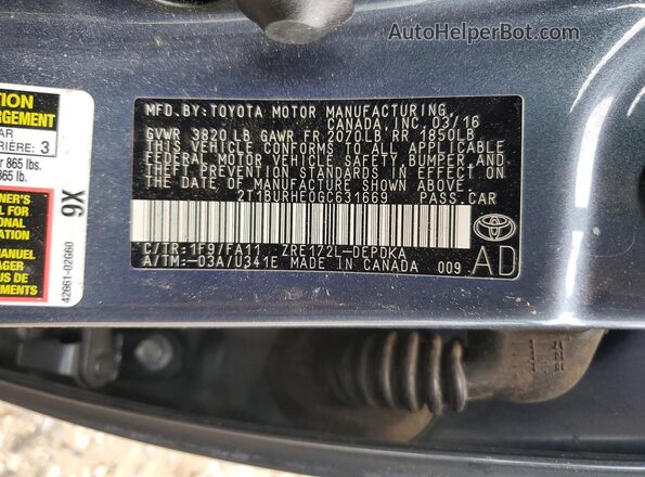2T1BURHE0GC631669 2016 TOYOTA COROLLA Gray VIN կոդի պիտակի տեսք