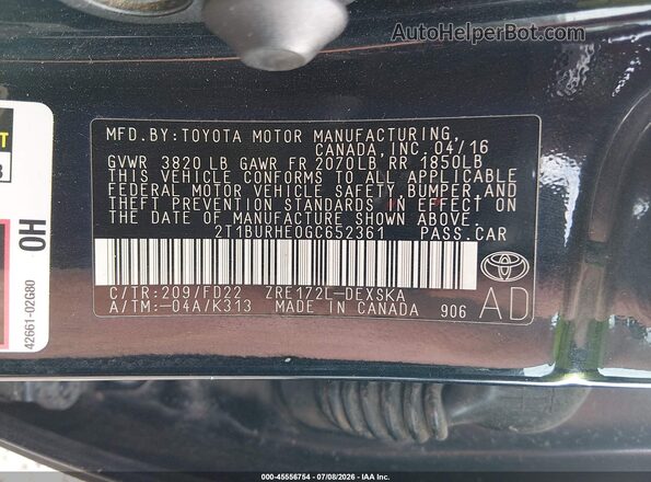 2T1BURHE0GC652361 2016 TOYOTA COROLLA Black Vista del compartimento del motor